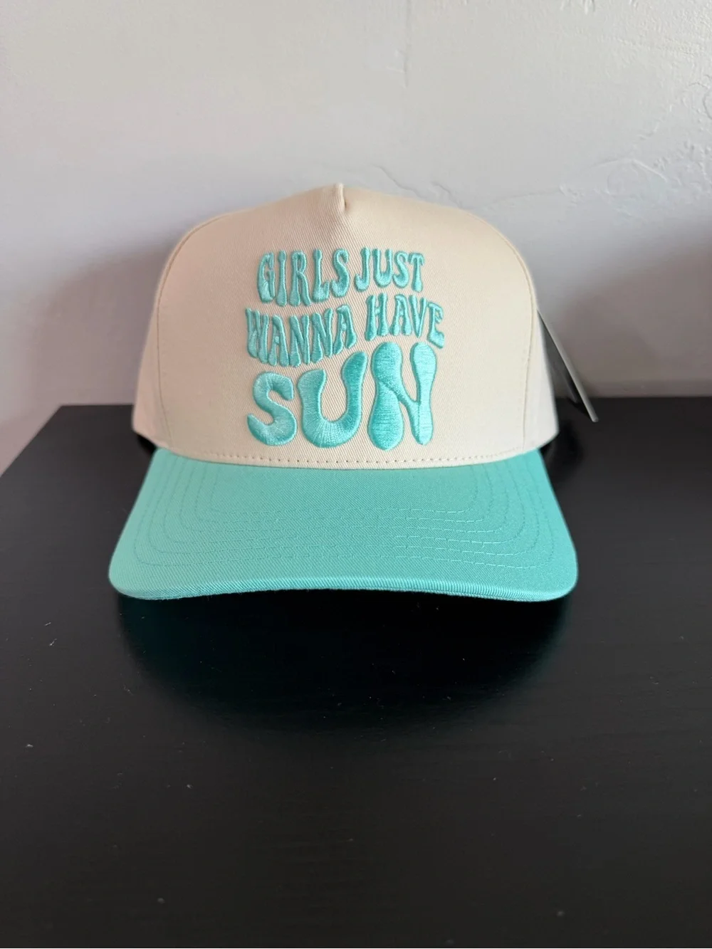Girls Just Wanna Have Sun Beige & Mint Trucker Hat
